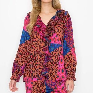 JOH APPAREL Wanice Cascade Ruffle Printed  Charmeuse Top SIZE: LARGE